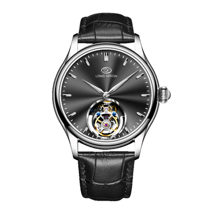 Long Vision TF028A Tourbillon Collection Hand-Wound Skeleton Watch, 55 Hours Power Reserve, Sunburst Guilloché Dial, Italian Top-Grain Cowhide Strap