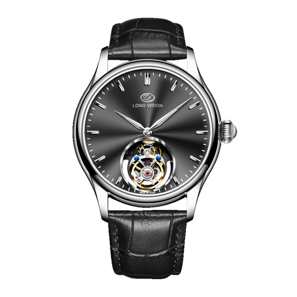 Long Vision TF028A Tourbillon Collection Hand-Wound Skeleton Watch, 55 Hours Power Reserve, Sunburst Guilloché Dial, Italian Top-Grain Cowhide Strap