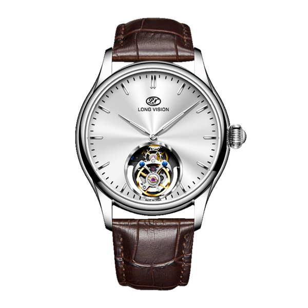 Long Vision TF028C Tourbillon Collection Hand-Wound Skeleton Watch, 55 Hours Power Reserve, Sunburst Guilloché Dial, Italian Top-Grain Cowhide Strap
