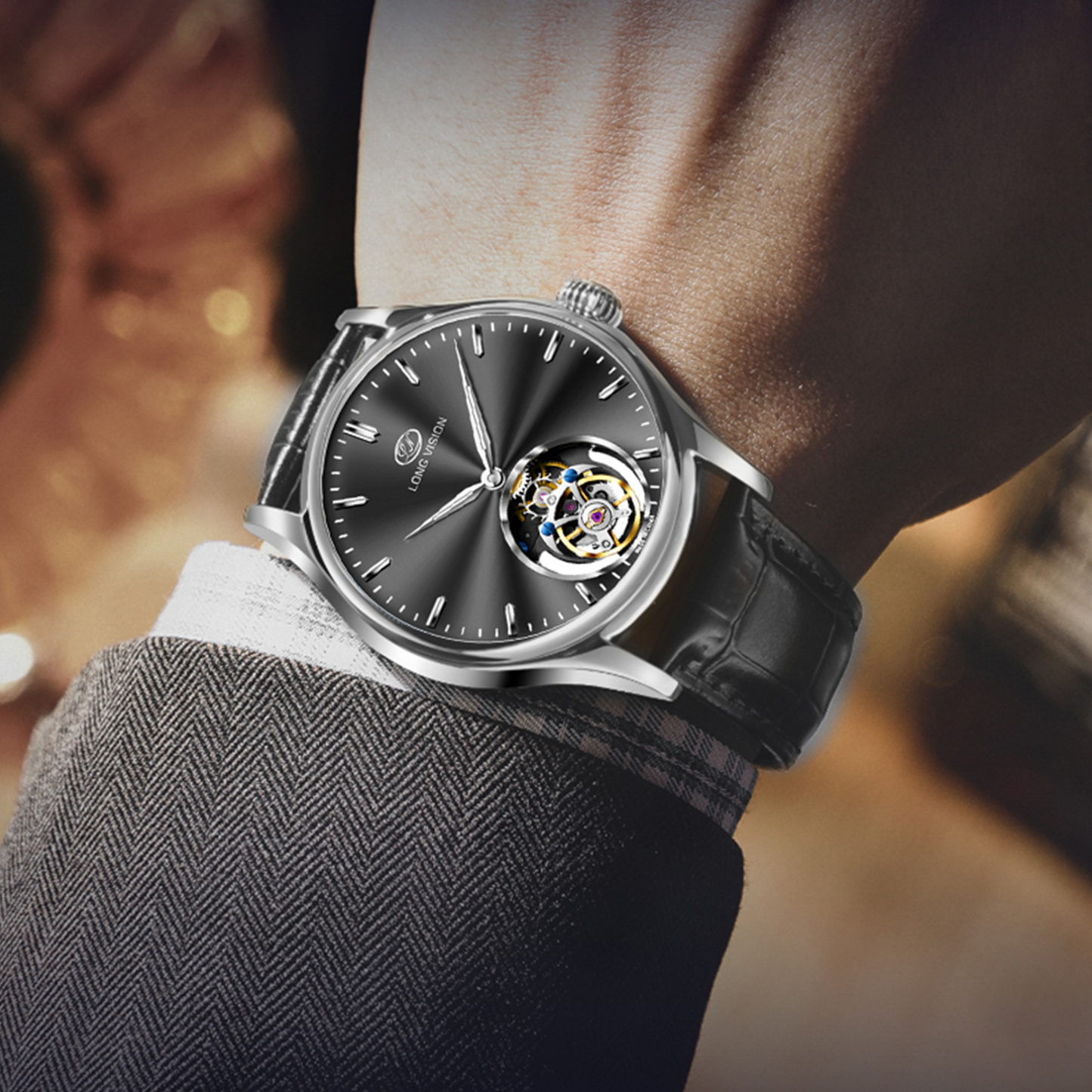 Long Vision TF028A Tourbillon Collection Hand-Wound Skeleton Watch, 55 Hours Power Reserve, Sunburst Guilloché Dial, Italian Top-Grain Cowhide Strap