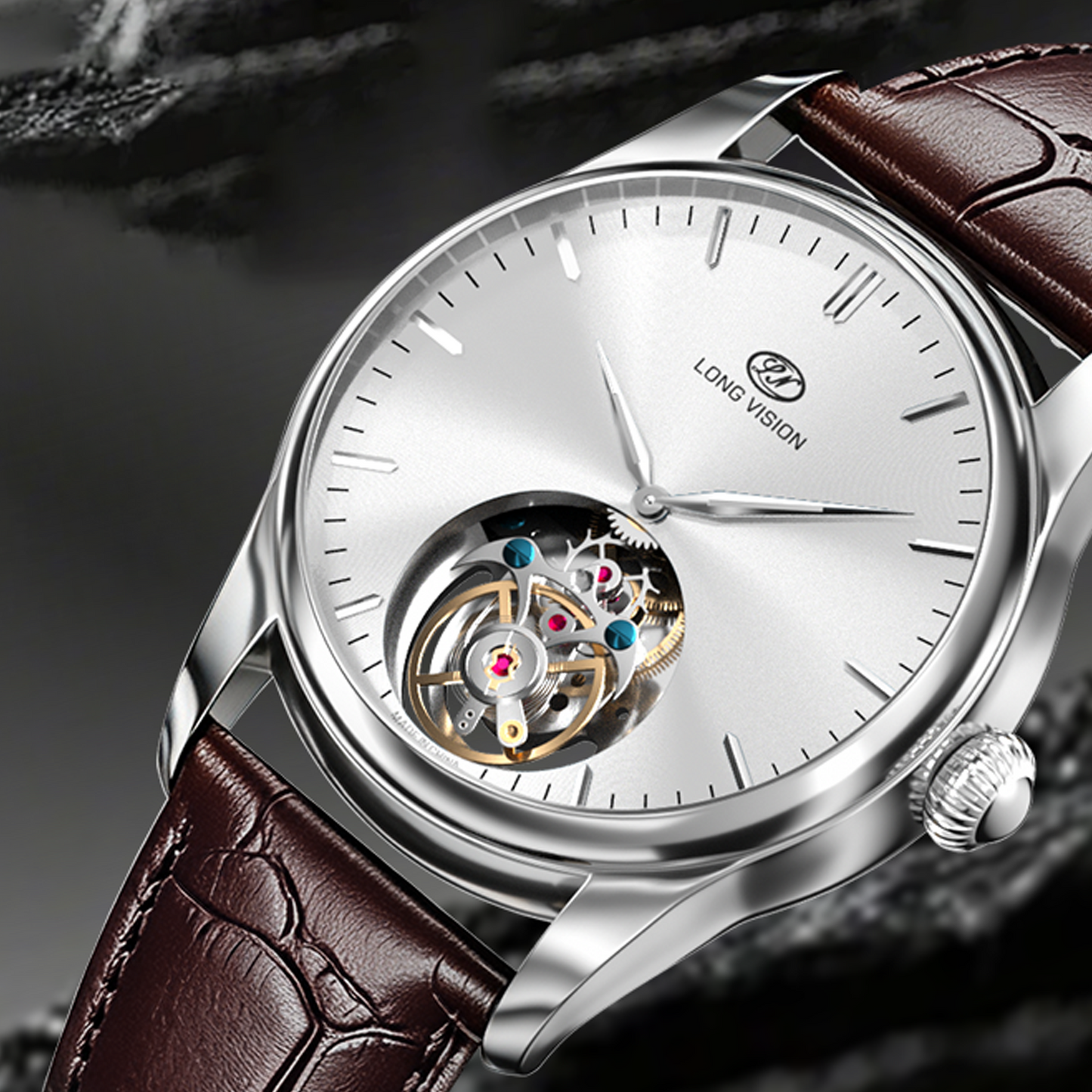 Long Vision TF028C Tourbillon Collection Hand-Wound Skeleton Watch, 55 Hours Power Reserve, Sunburst Guilloché Dial, Italian Top-Grain Cowhide Strap
