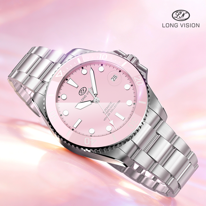 Long Vision YH019T Voyage Collection automatic watch with pink dial and silver bracelet