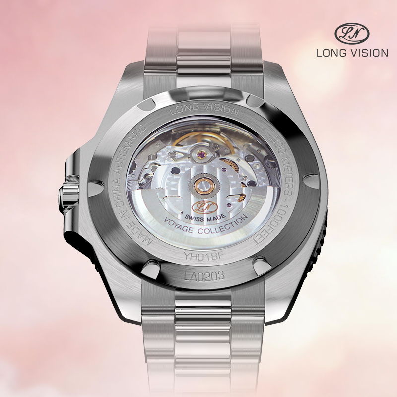 Long Vision YH019T Voyage Collection automatic watch showcasing its intricate movement and elegant design.