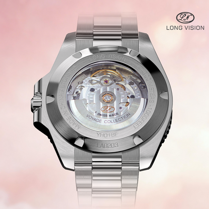 Long Vision YH019T Voyage Collection automatic watch showcasing its intricate movement and elegant design.