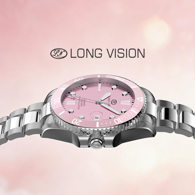 Long Vision YH019T Voyage Collection automatic watch close-up with pink dial and stainless steel bracelet.