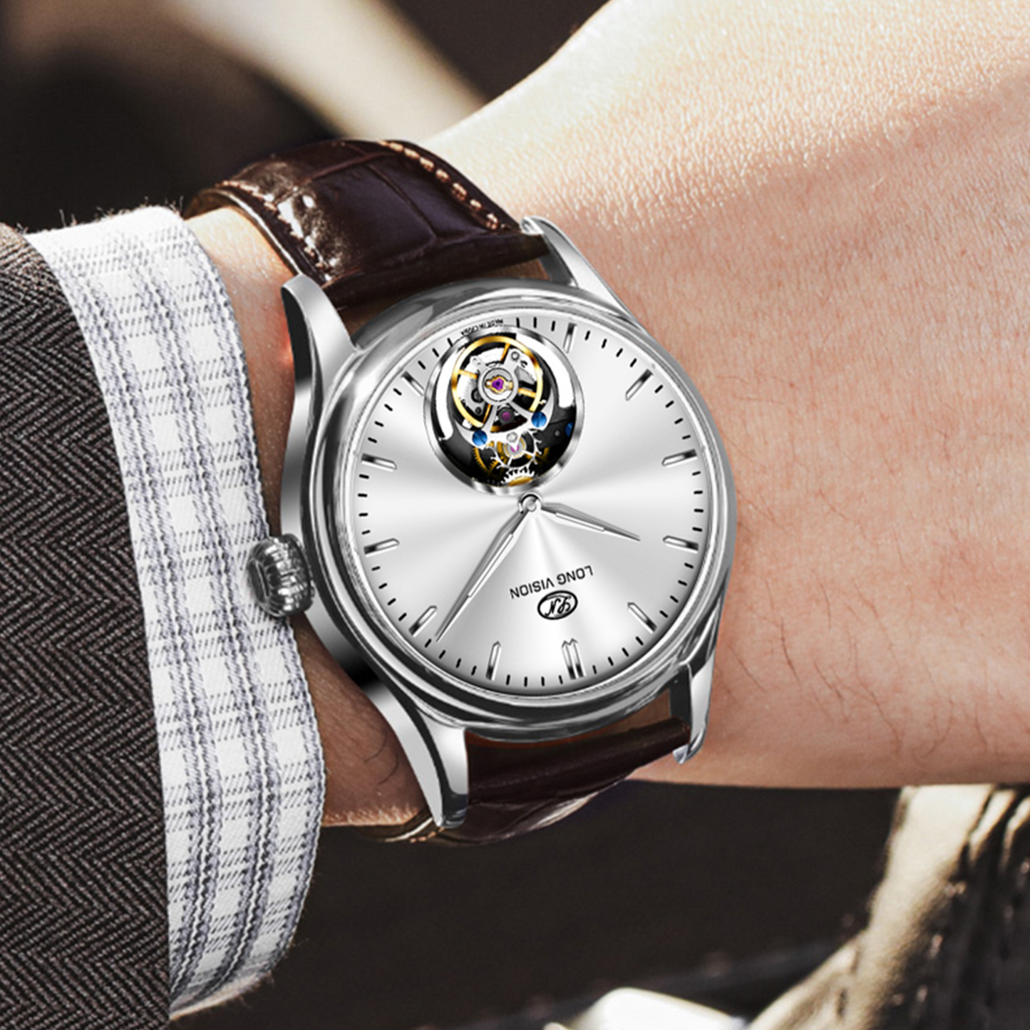 Long Vision TF028C Tourbillon Collection Hand-Wound Skeleton Watch, 55 Hours Power Reserve, Sunburst Guilloché Dial, Italian Top-Grain Cowhide Strap