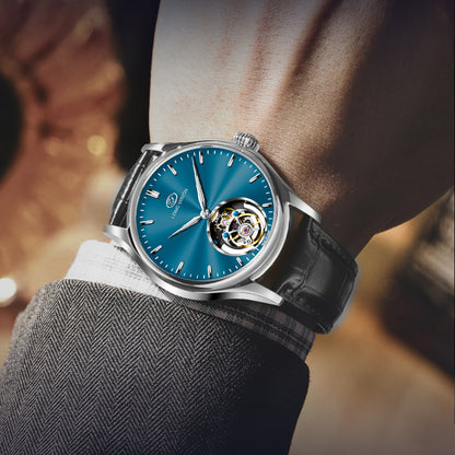 Long Vision TG028E Tourbillon Collection Hand-Wound Skeleton Watch, 55 Hours Power Reserve, Sunburst Guilloché Dial, Italian Top-Grain Cowhide Strap
