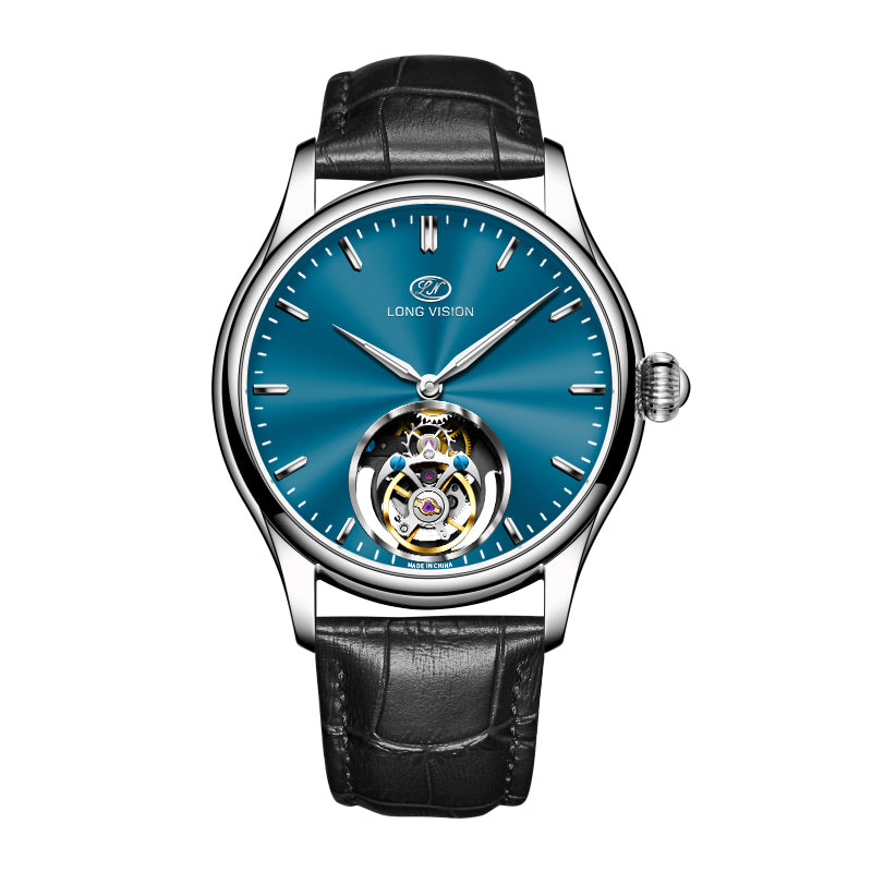 Long Vision TG028E Tourbillon Mechanical Watch featuring a blue dial and black leather strap.
