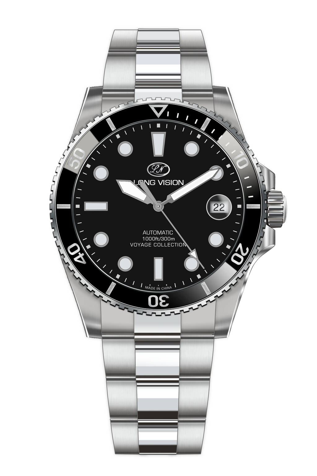 Long Vision YH018F Voyage Collection automatic watch featuring a black dial and durable stainless steel band.