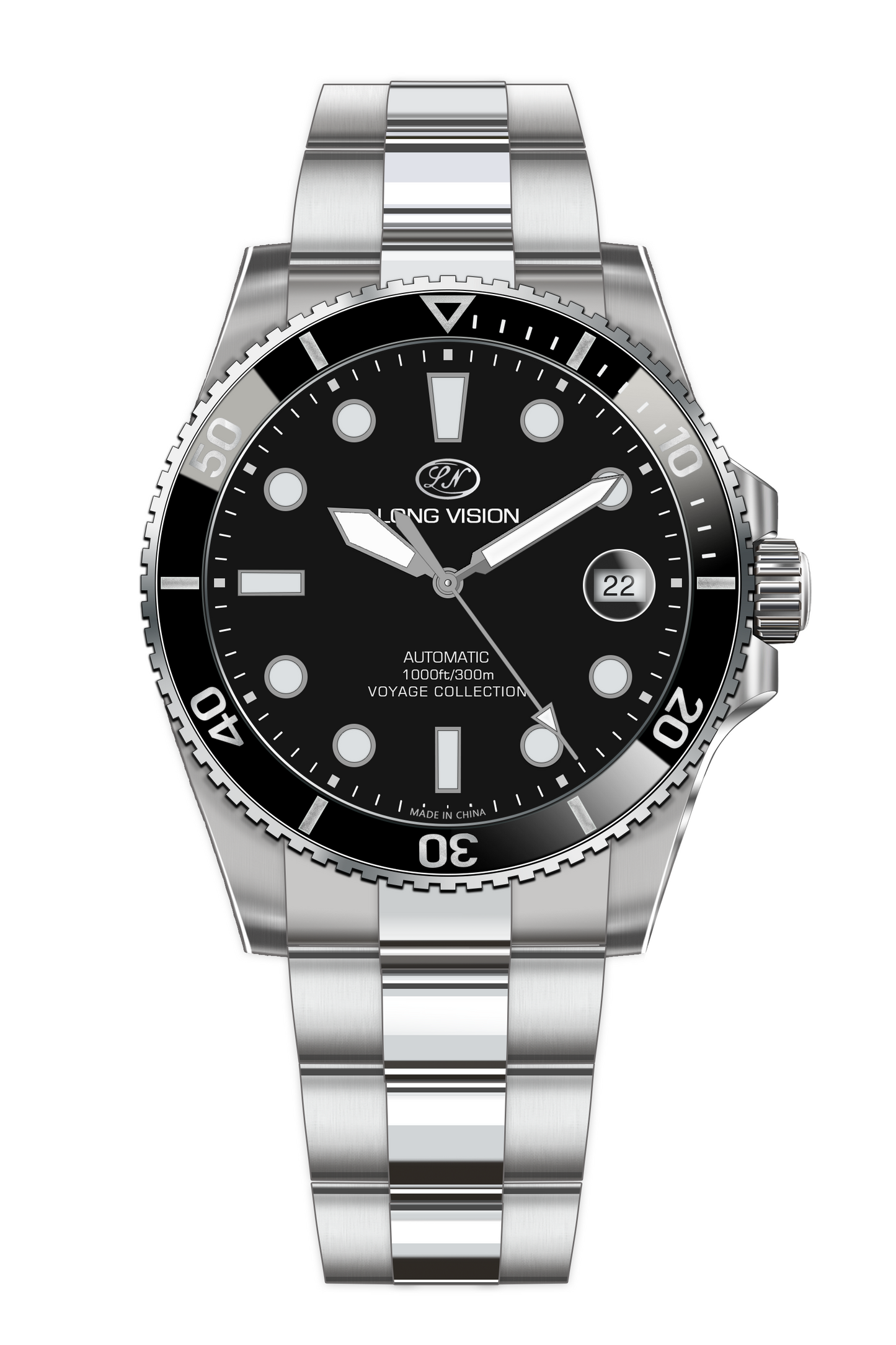 Long Vision YH018F Voyage Collection automatic watch featuring a black dial and durable stainless steel band.