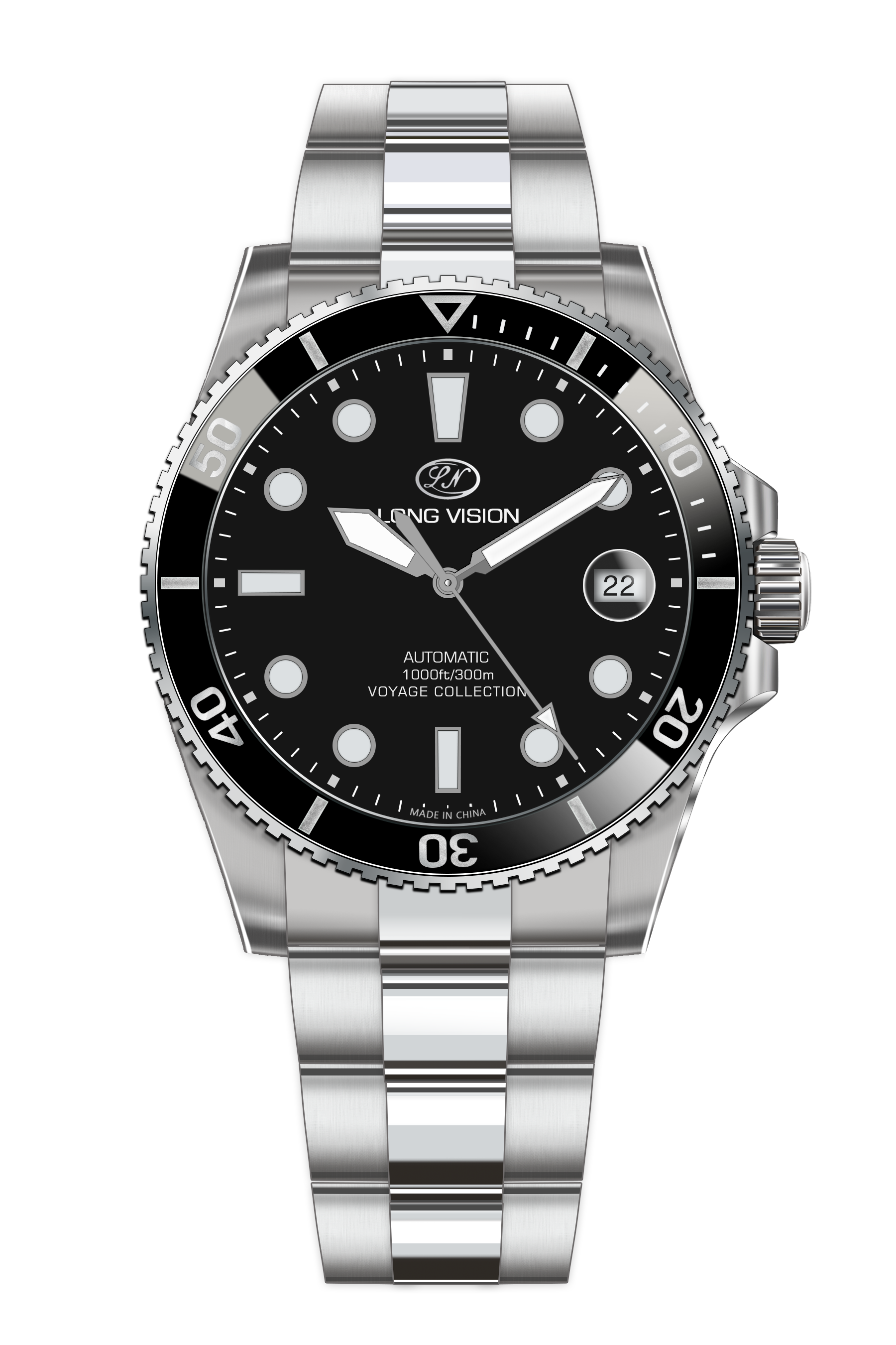Long Vision YH018F Voyage Collection automatic watch featuring a black dial and durable stainless steel band.