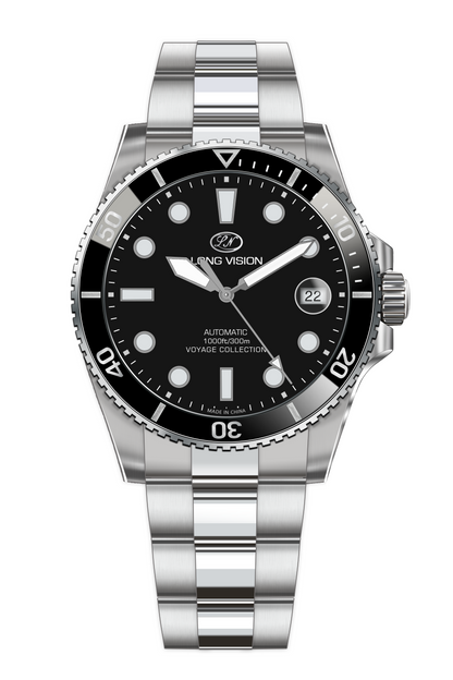 Long Vision YH018F Voyage Collection automatic watch featuring a black dial and durable stainless steel band.