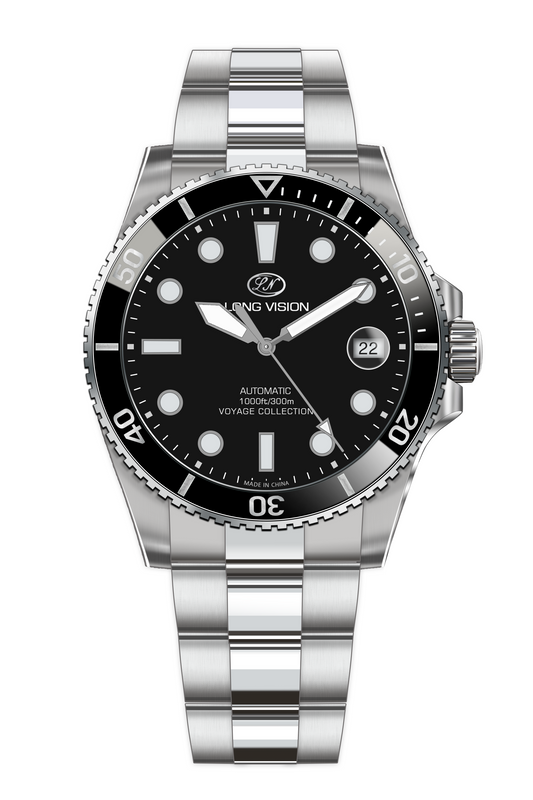 Long Vision YH018F Voyage Collection automatic watch featuring a black dial and durable stainless steel band.