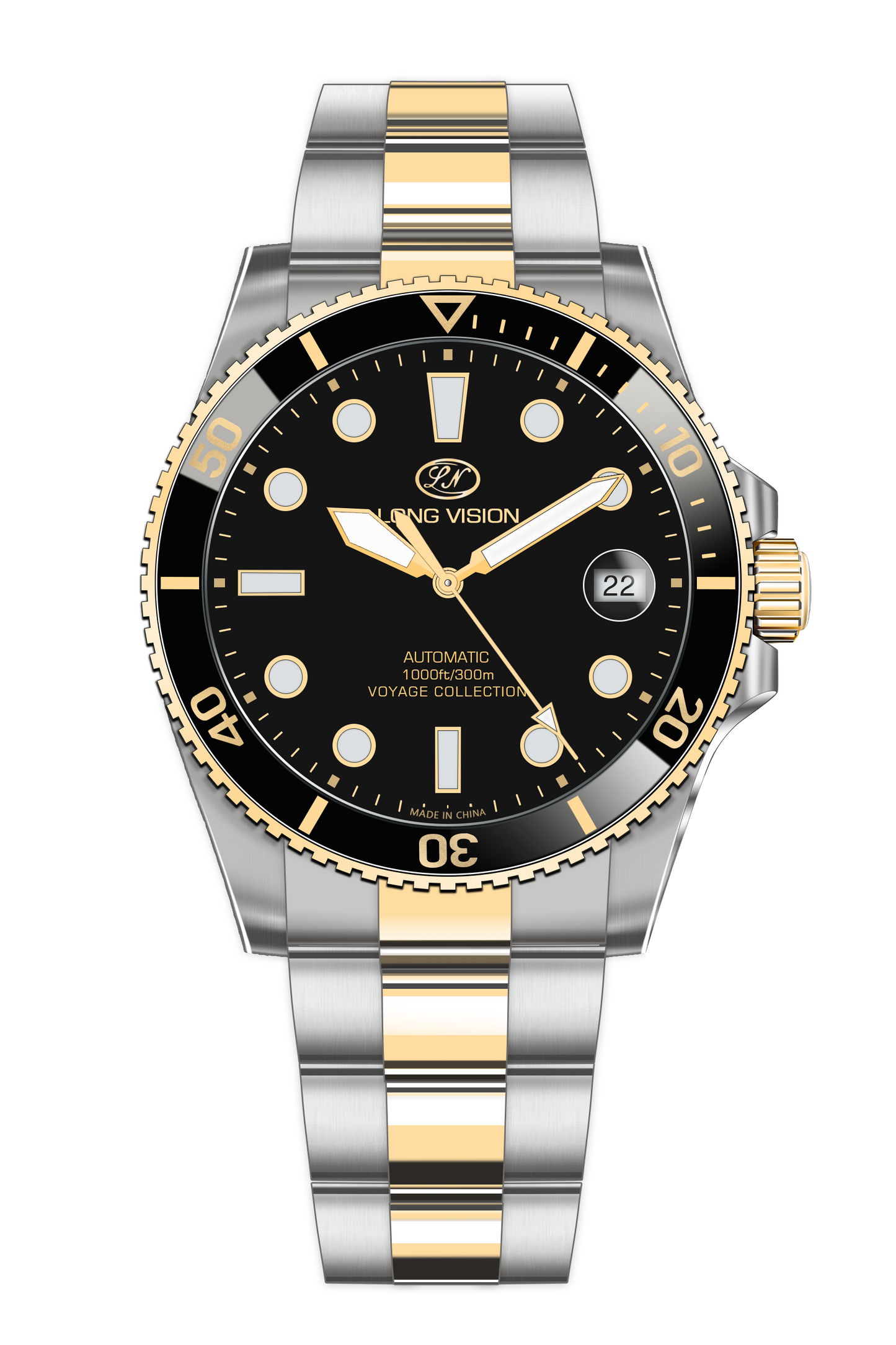 Long Vision YH018Q Voyage Collection Automatic Watch with black dial and stainless steel bracelet.