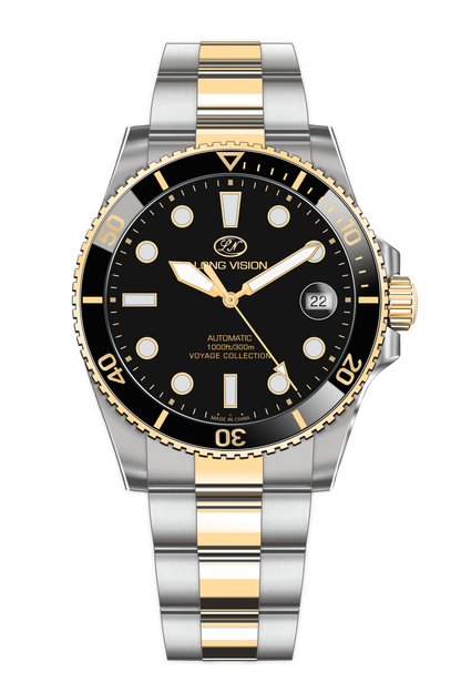 Long Vision YH018Q Voyage Collection Automatic Watch with black dial and stainless steel bracelet.