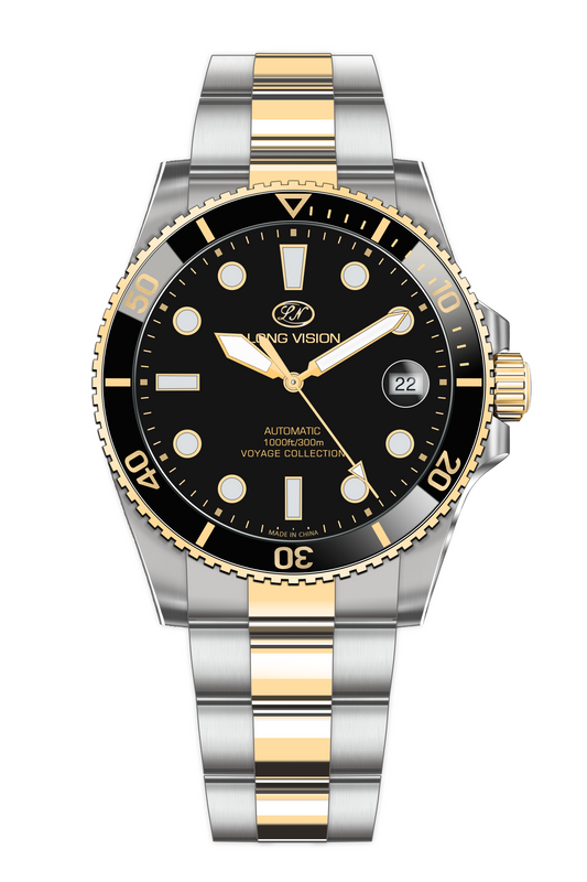 Long Vision YH018Q Voyage Collection Automatic Watch with black dial and stainless steel bracelet.