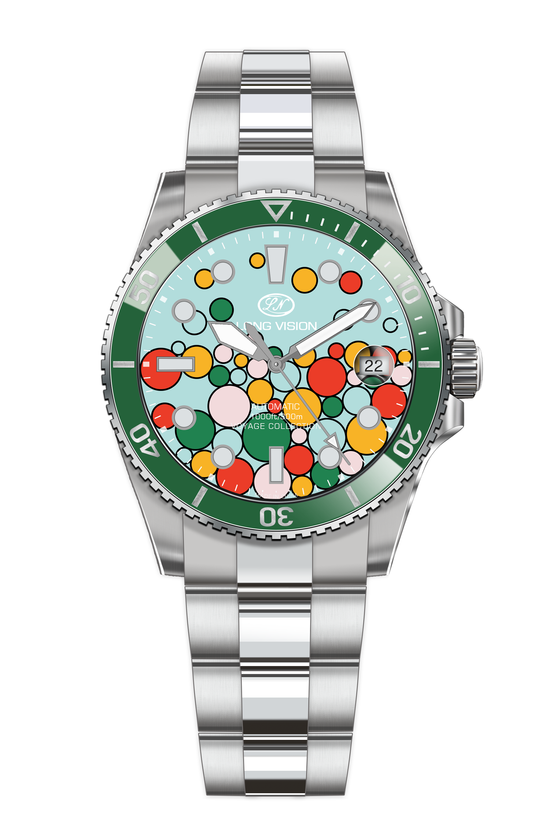 Long Vision YH019R Voyage Collection automatic watch with vibrant colored dial and stainless steel strap.