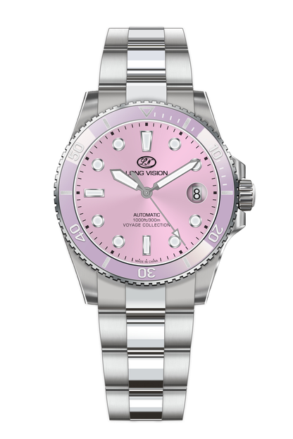 Long Vision YH019T Voyage Collection automatic watch with pink dial and stainless steel bracelet