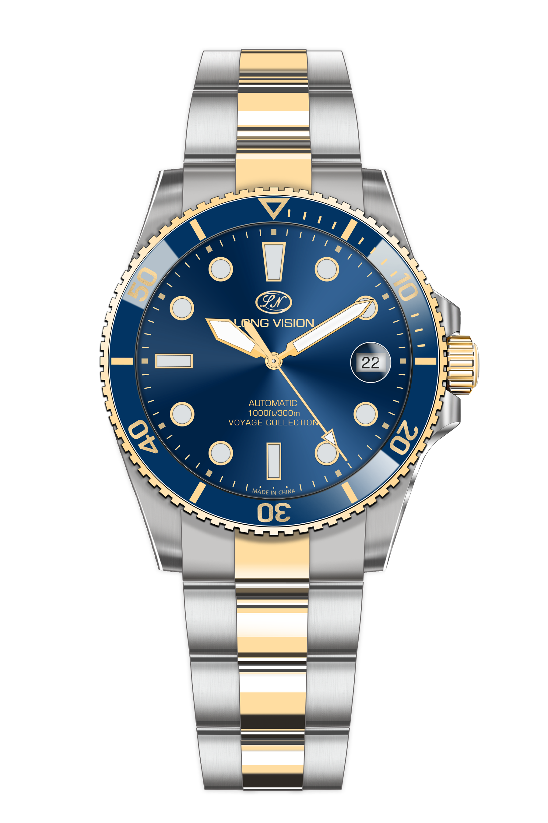 Long Vision YH019N Voyage Collection Automatic Watch in blue and gold with stainless steel bracelet