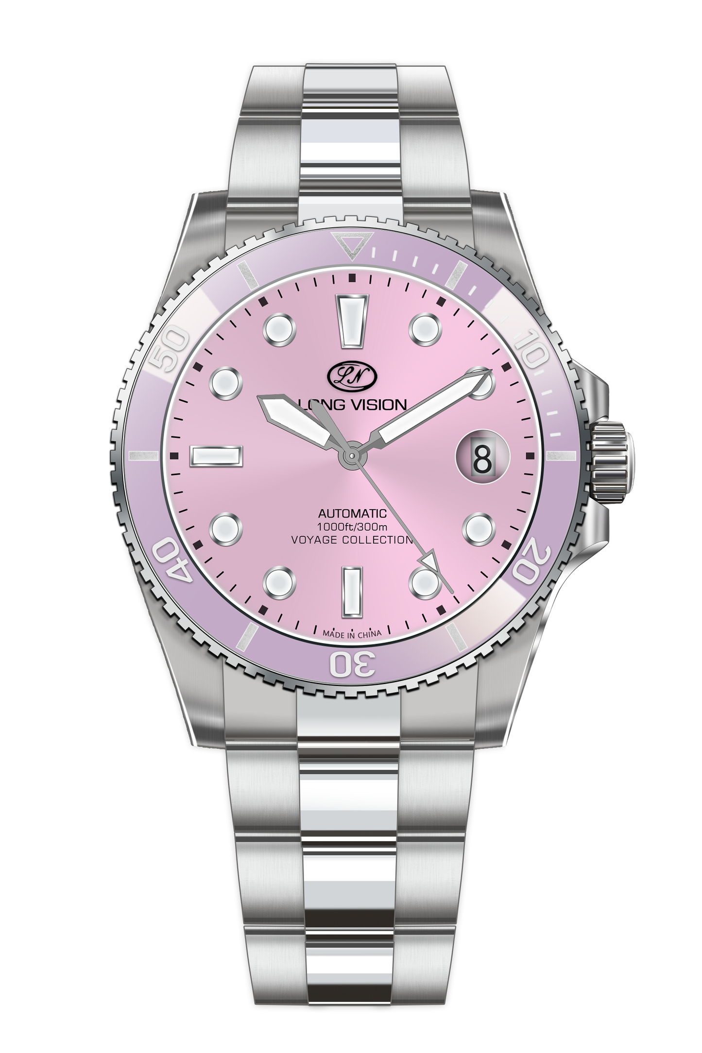 Long Vision YH018T Voyage Collection Automatic Watch in pink with stainless steel bracelet