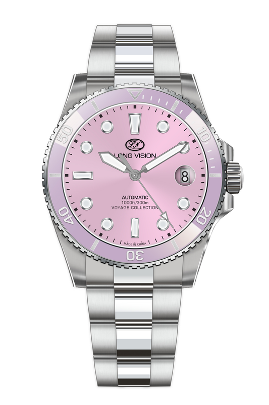 Long Vision YH018T Voyage Collection Automatic Watch in pink with stainless steel bracelet