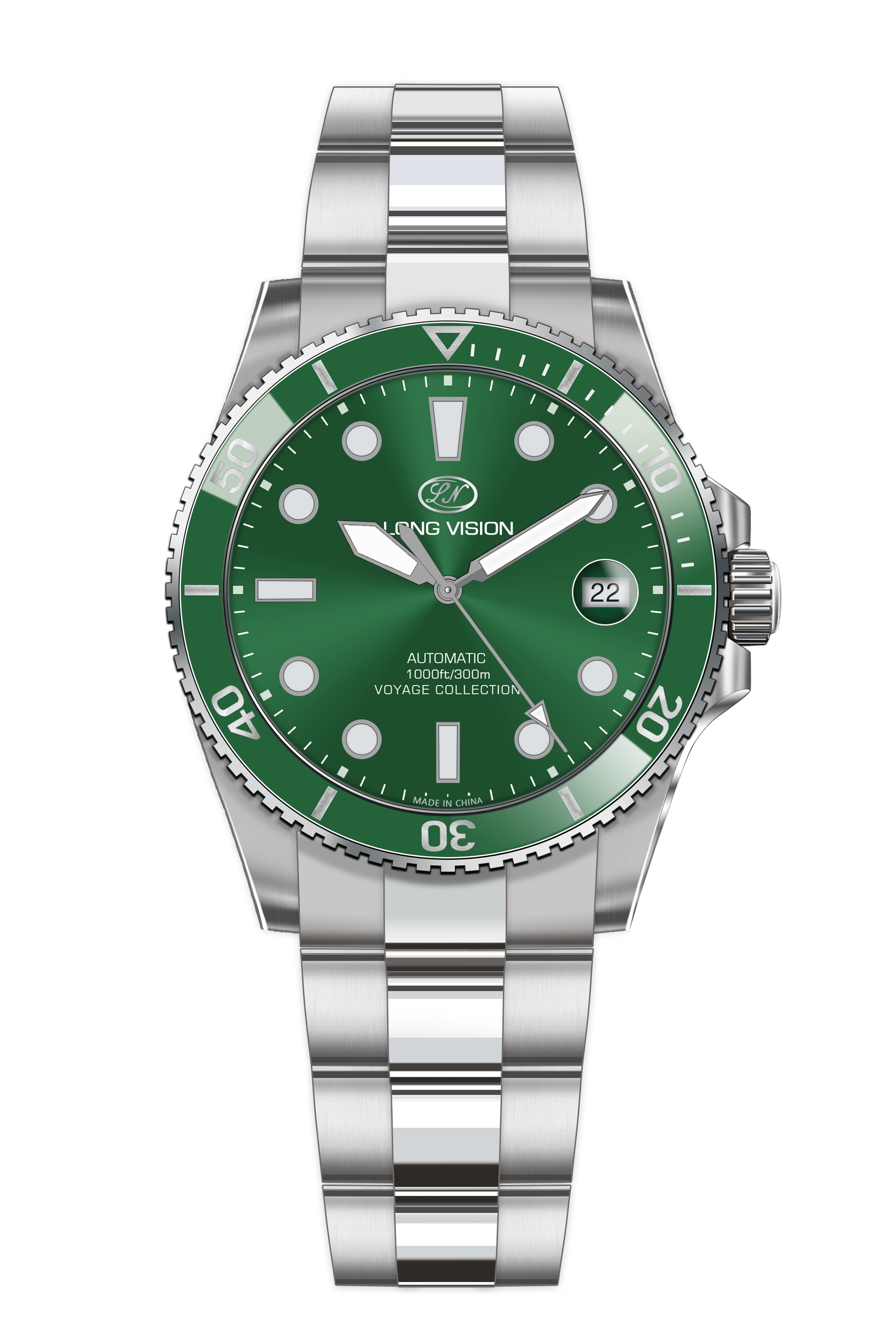 Long Vision YH019L Voyage Collection Automatic Watch in green with stainless steel bracelet