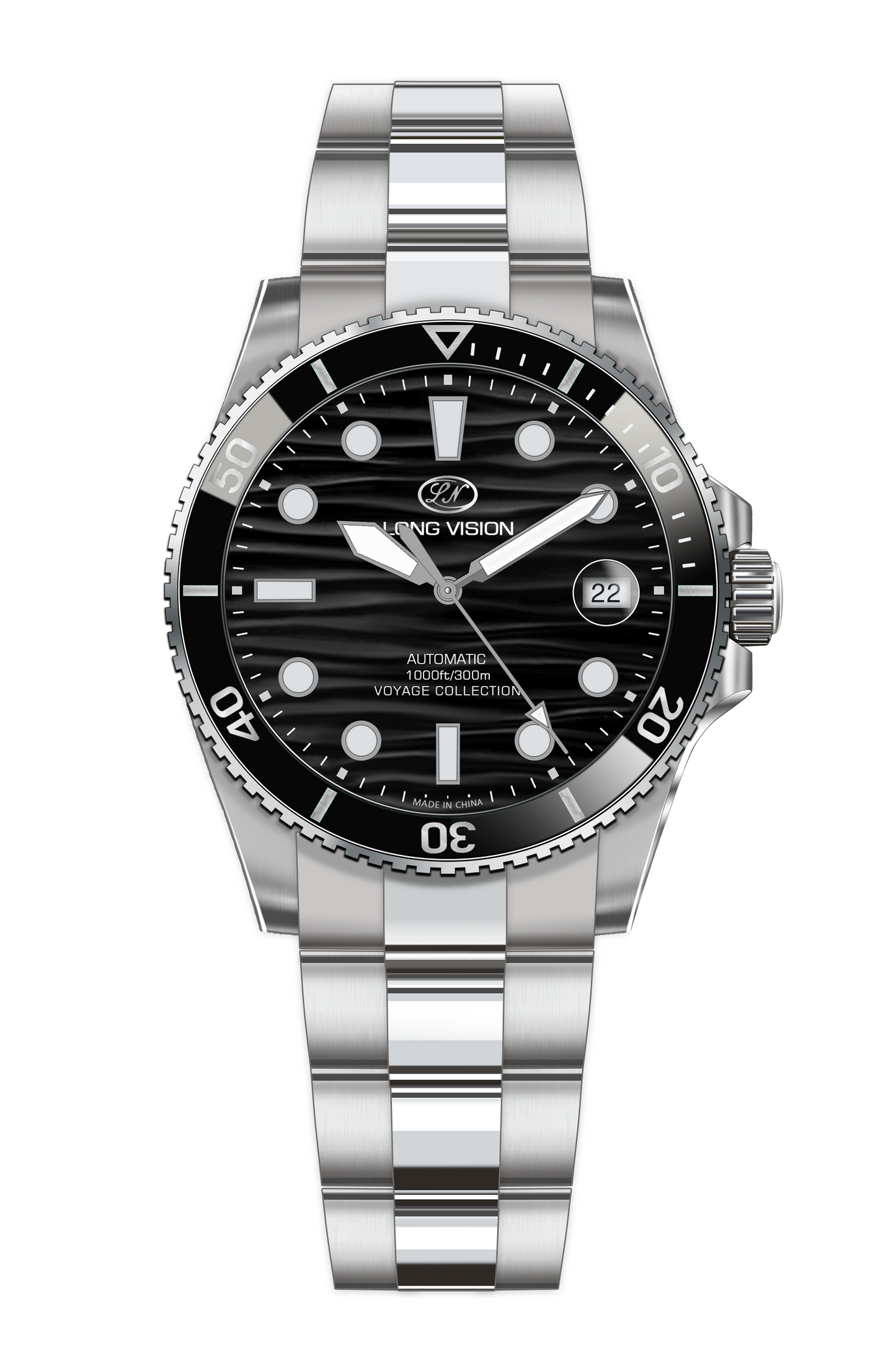 Long Vision YH019A Voyage Collection Automatic Watch in blackblack with stainless steel bracelet