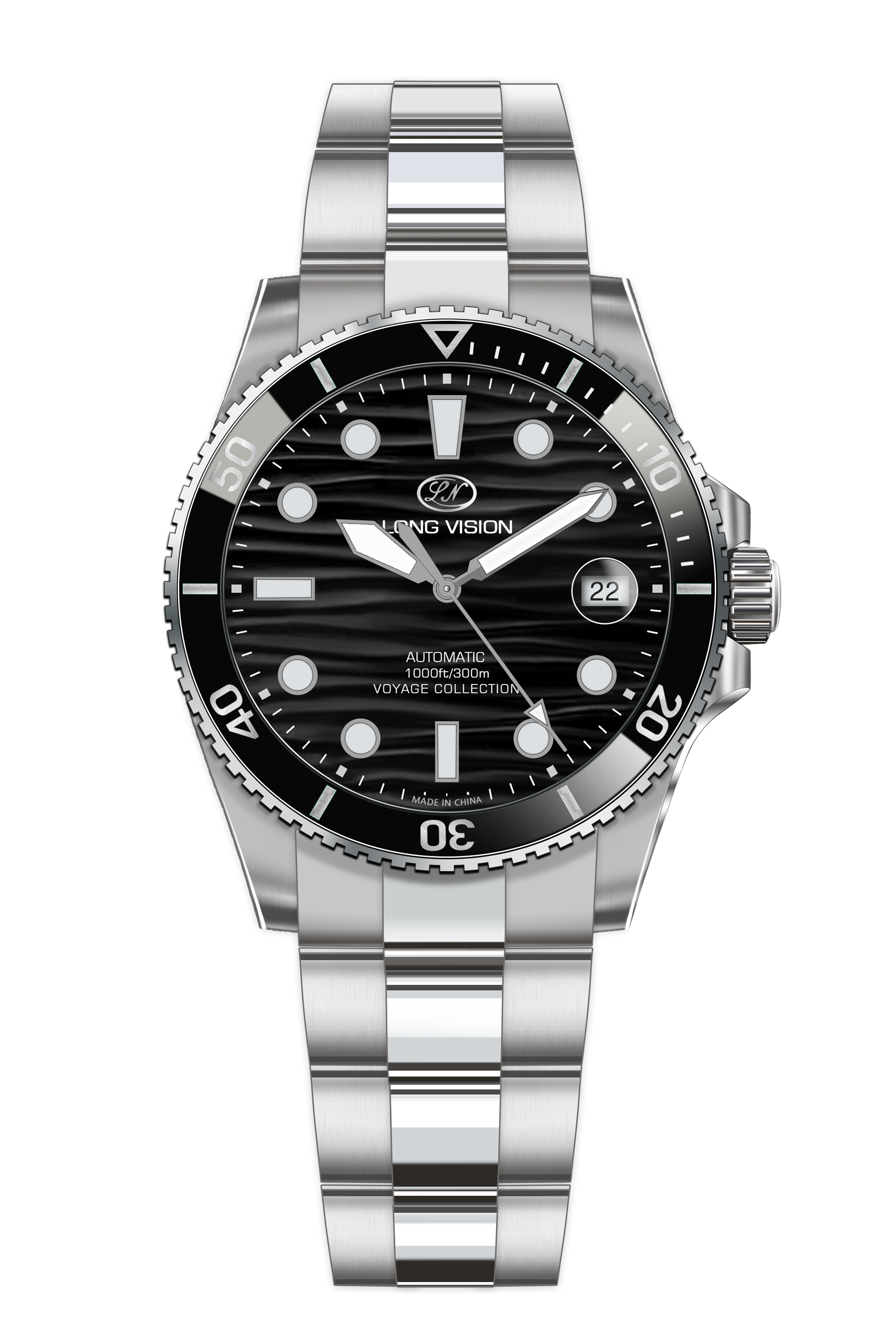 Long Vision YH019A Voyage Collection Automatic Watch in blackblack with stainless steel bracelet