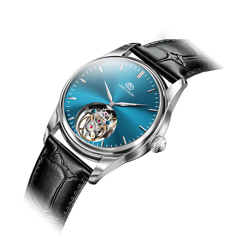 Long Vision TG028E Tourbillon Mechanical Watch featuring a blue dial and black leather strap with visible tourbillon movement.