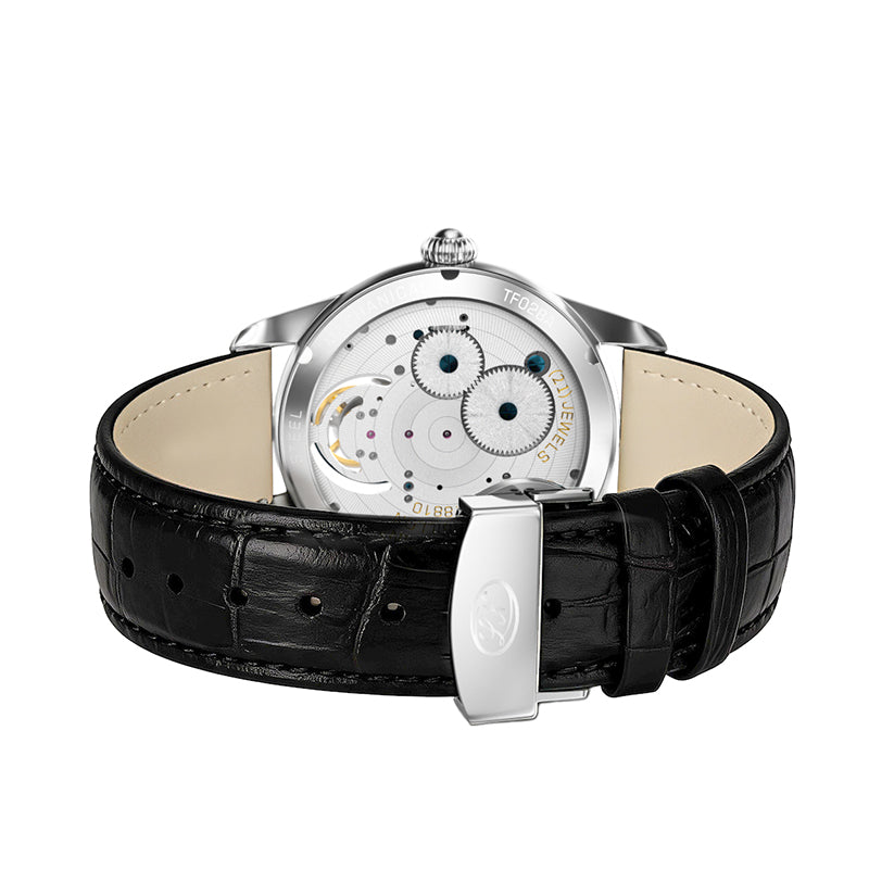 Long Vision TG028E Tourbillon Mechanical Watch showcasing the intricate back design and black leather strap.