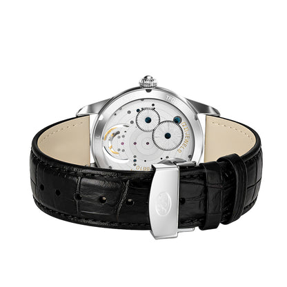 Long Vision TG028E Tourbillon Mechanical Watch showcasing the intricate back design and black leather strap.
